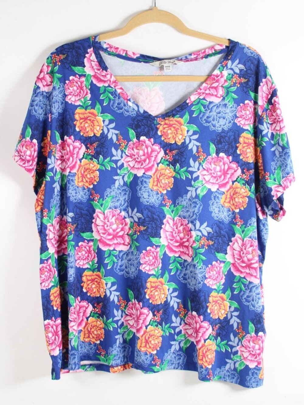 The Pioneer Woman Floral V-Neck Top 4X XXXXL Blue Pink Stretch Plus Size
